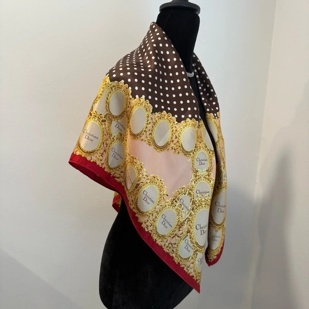 Authentic Christian Dior Brown and Gold Scarf with Red Trim